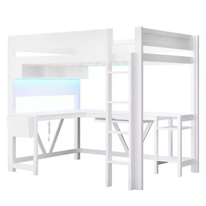 Lit mezzanine de jeu pleine grandeur Luxystar avec bureau, étagères de rangement, LED 7 couleurs et station de charge