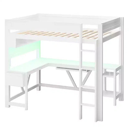Lit mezzanine de jeu pleine grandeur Luxystar avec bureau, étagères de rangement, LED 7 couleurs et station de charge