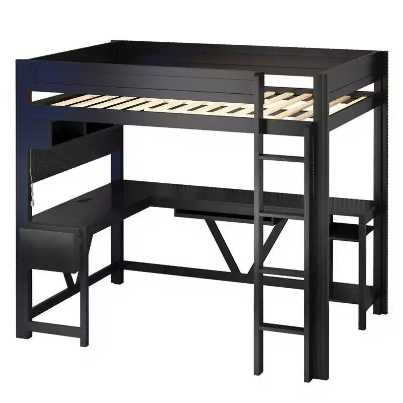 Lit mezzanine de jeu pleine grandeur Luxystar avec bureau, étagères de rangement, LED 7 couleurs et station de charge