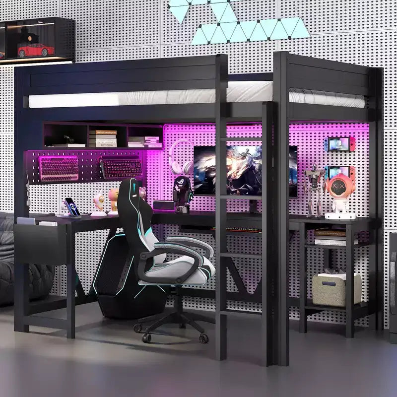 Luxystar Full Size Gaming Loft Bed with Desk, Storage Shelves, 7 Colors LED and Charging Station