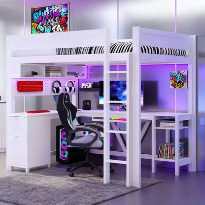 Lit mezzanine de jeu pleine grandeur Luxystar avec bureau, étagères de rangement, LED 7 couleurs et station de charge
