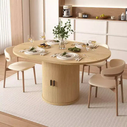 Dyonery Extendable Dining Table 43-59 for 4-6, Solid Wood Top with Fluted Slide Door & 8-Compartment Storage, Space-Saving Pedestal Base