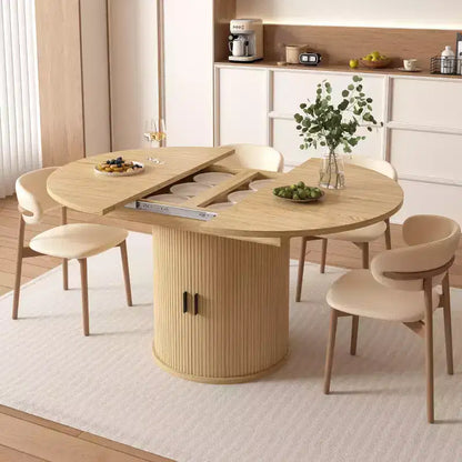 Table de salle à manger extensible Dyonery 43-59 pour 4 à 6 personnes, plateau en bois massif avec porte coulissante cannelée et 8 compartiments de rangement, pied central compact