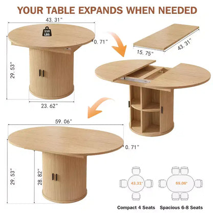 Table de salle à manger extensible Dyonery 43-59 pour 4 à 6 personnes, plateau en bois massif avec porte coulissante cannelée et 8 compartiments de rangement, pied central compact