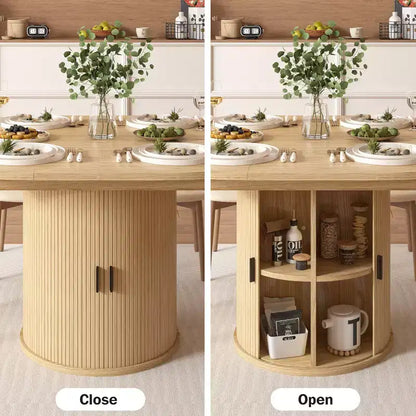 Table de salle à manger extensible Dyonery 43-59 pour 4 à 6 personnes, plateau en bois massif avec porte coulissante cannelée et 8 compartiments de rangement, pied central compact