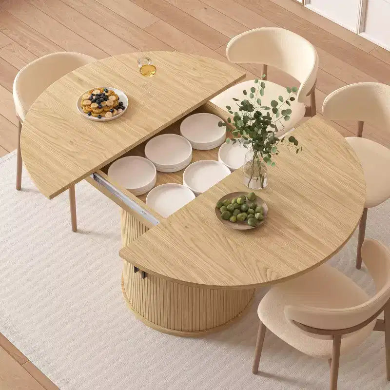 Table de salle à manger extensible Dyonery 43-59 pour 4 à 6 personnes, plateau en bois massif avec porte coulissante cannelée et 8 compartiments de rangement, pied central compact