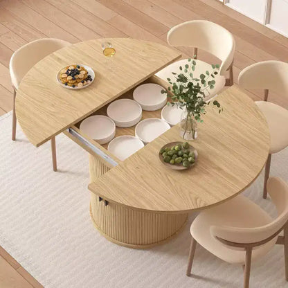 Table de salle à manger extensible Dyonery 43-59 pour 4 à 6 personnes, plateau en bois massif avec porte coulissante cannelée et 8 compartiments de rangement, pied central compact