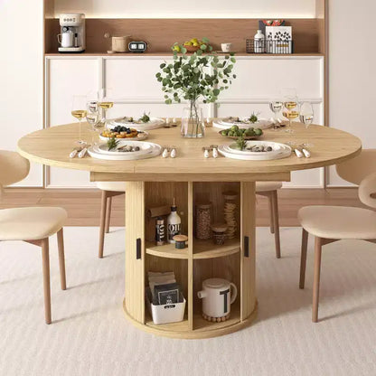 Table de salle à manger extensible Dyonery 43-59 pour 4 à 6 personnes, plateau en bois massif avec porte coulissante cannelée et 8 compartiments de rangement, pied central compact