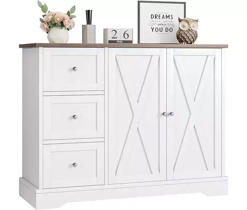 Sideboard Buffet Cabinet with Storage, 55 Kitchen Cabinet, 3 Drawers and 2 Doors, Coffee Bar Cabinet with Rubberwood Tabletop