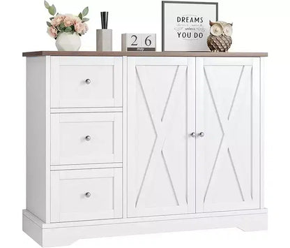 Sideboard Buffet Cabinet with Storage, 55 Kitchen Cabinet, 3 Drawers and 2 Doors, Coffee Bar Cabinet with Rubberwood Tabletop