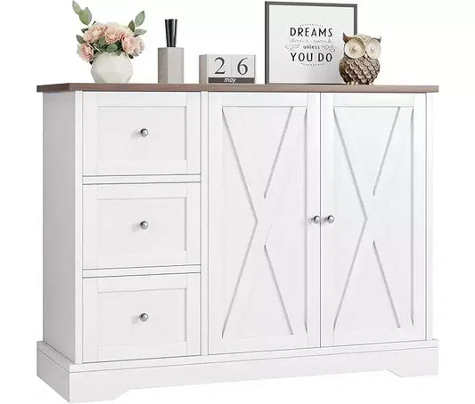 Sideboard Buffet Cabinet with Storage, 55 Kitchen Cabinet, 3 Drawers and 2 Doors, Coffee Bar Cabinet with Rubberwood Tabletop