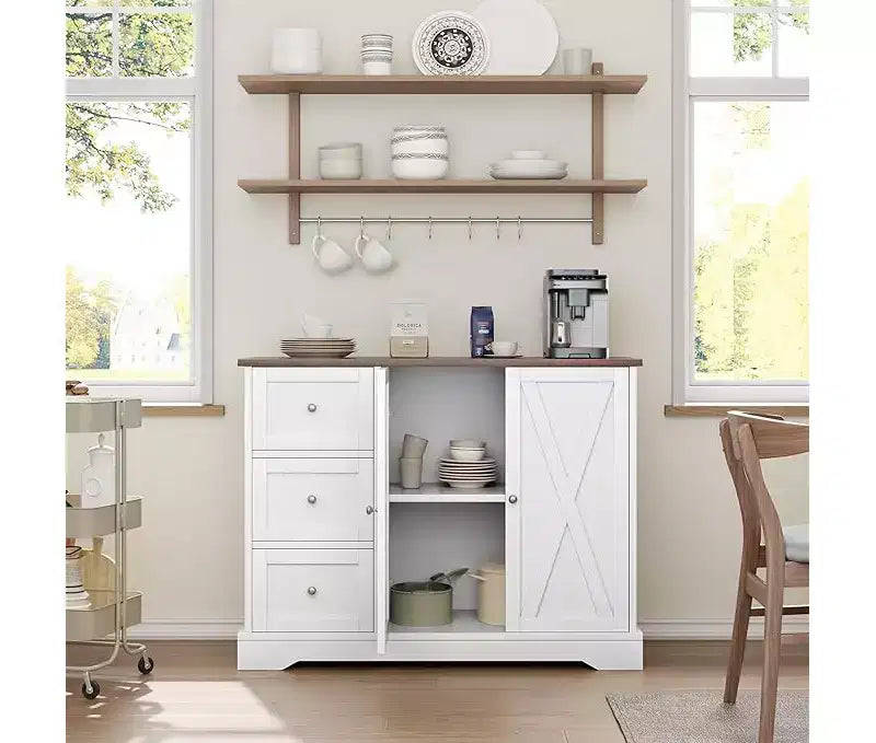 Meuble de rangement buffet avec rangement, armoire de cuisine 55, 3 tiroirs et 2 portes, meuble de bar à café avec plateau en bois d'hévéa