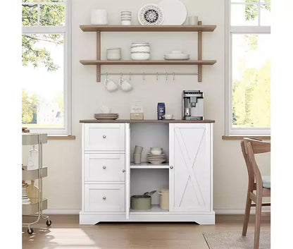 Meuble de rangement buffet avec rangement, armoire de cuisine 55, 3 tiroirs et 2 portes, meuble de bar à café avec plateau en bois d'hévéa