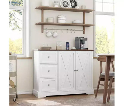 Meuble de rangement buffet avec rangement, armoire de cuisine 55, 3 tiroirs et 2 portes, meuble de bar à café avec plateau en bois d'hévéa