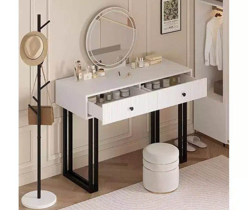 Vanity Makeup Desk with Round Mirror, 40 Small Modern White Vanity Desk ,Dressing Table with 2 Drawers, Girls Compact Vanity Desk for Bedroom