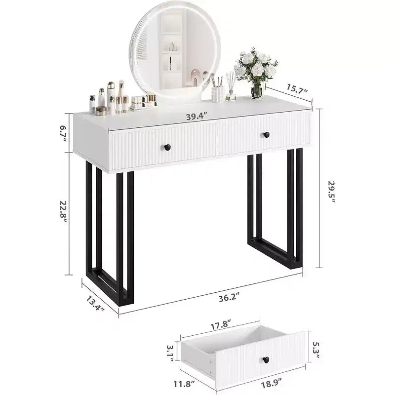 Coiffeuse de Maquillage avec Miroir Rond, Petite Coiffeuse Moderne Blanche de 100 cm, Table de Maquillage avec 2 Tiroirs, Coiffeuse Compacte pour Filles pour Chambre à Coucher