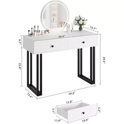 Coiffeuse de Maquillage avec Miroir Rond, Petite Coiffeuse Moderne Blanche de 100 cm, Table de Maquillage avec 2 Tiroirs, Coiffeuse Compacte pour Filles pour Chambre à Coucher