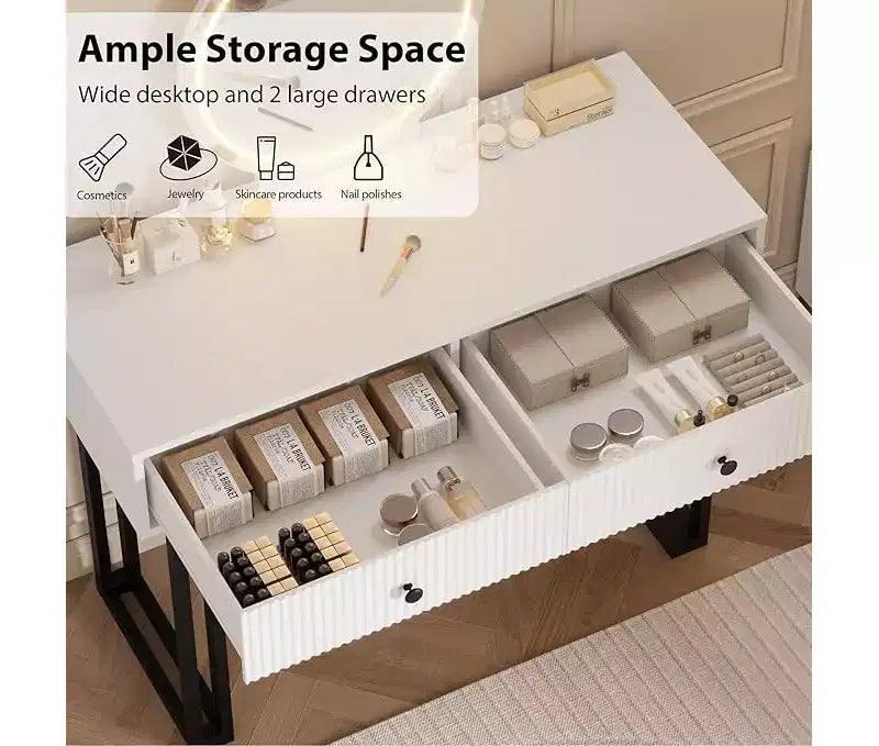Coiffeuse de Maquillage avec Miroir Rond, Petite Coiffeuse Moderne Blanche de 100 cm, Table de Maquillage avec 2 Tiroirs, Coiffeuse Compacte pour Filles pour Chambre à Coucher