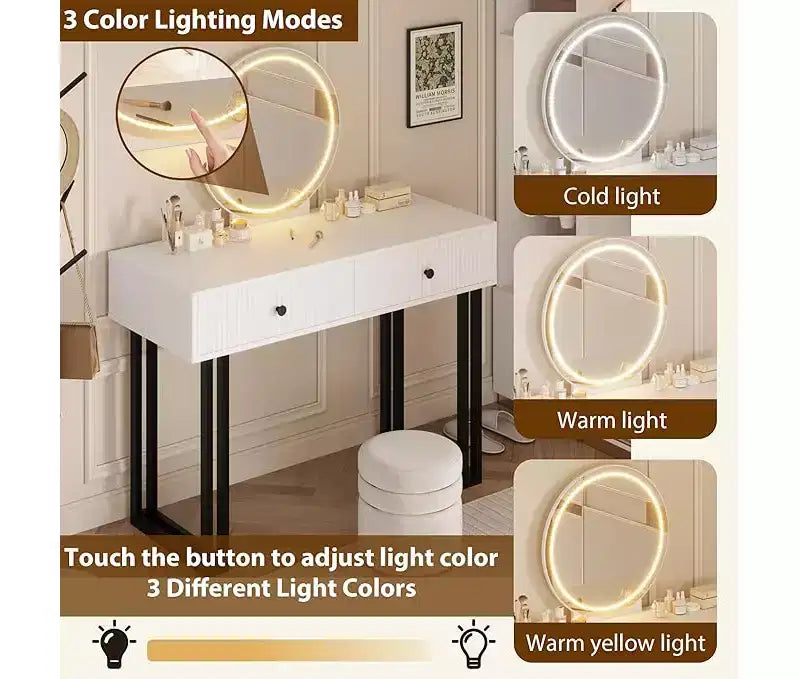 Coiffeuse de Maquillage avec Miroir Rond, Petite Coiffeuse Moderne Blanche de 100 cm, Table de Maquillage avec 2 Tiroirs, Coiffeuse Compacte pour Filles pour Chambre à Coucher