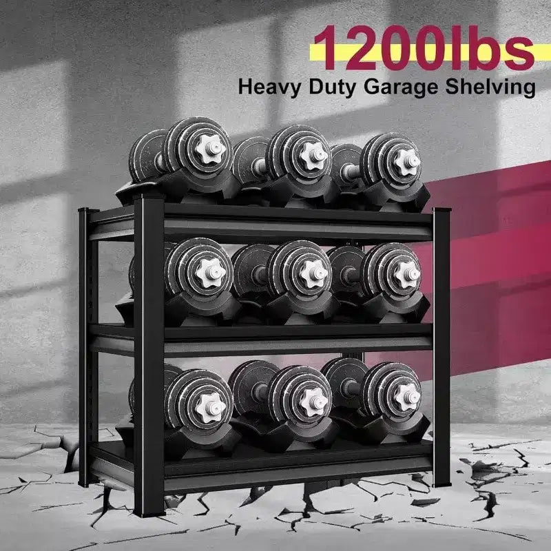 Étagères de garage 36 pouces en métal acier robuste, étagère de rangement utilitaire réglable 3 niveaux noir, capacité 1200 livres