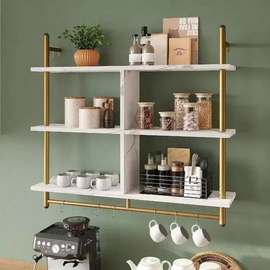 Wall Mounted Floating Pipe Shelving 3 Tier Coffee Bar Shelf White Faux Marble Kitchen Organization Storage Rack Home Decor