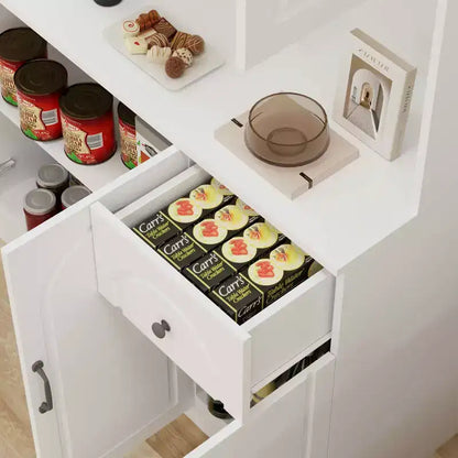 MAYEERTY Meuble de cuisine/garde-manger blanc 71, avec comptoir pour micro-ondes, 6 portes et 1 tiroir, étagères réglables