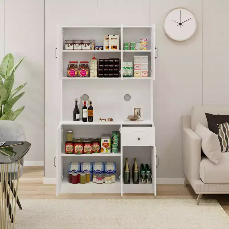 MAYEERTY Meuble de cuisine/garde-manger blanc 71, avec comptoir pour micro-ondes, 6 portes et 1 tiroir, étagères réglables