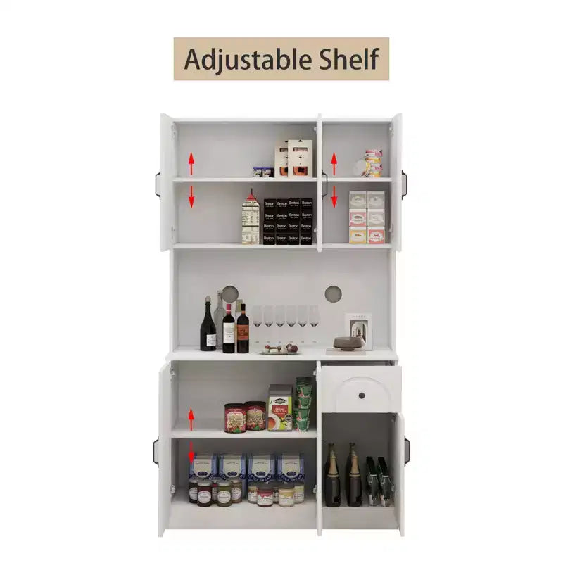 MAYEERTY Meuble de cuisine/garde-manger blanc 71, avec comptoir pour micro-ondes, 6 portes et 1 tiroir, étagères réglables
