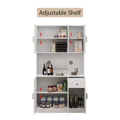 MAYEERTY Meuble de cuisine/garde-manger blanc 71, avec comptoir pour micro-ondes, 6 portes et 1 tiroir, étagères réglables