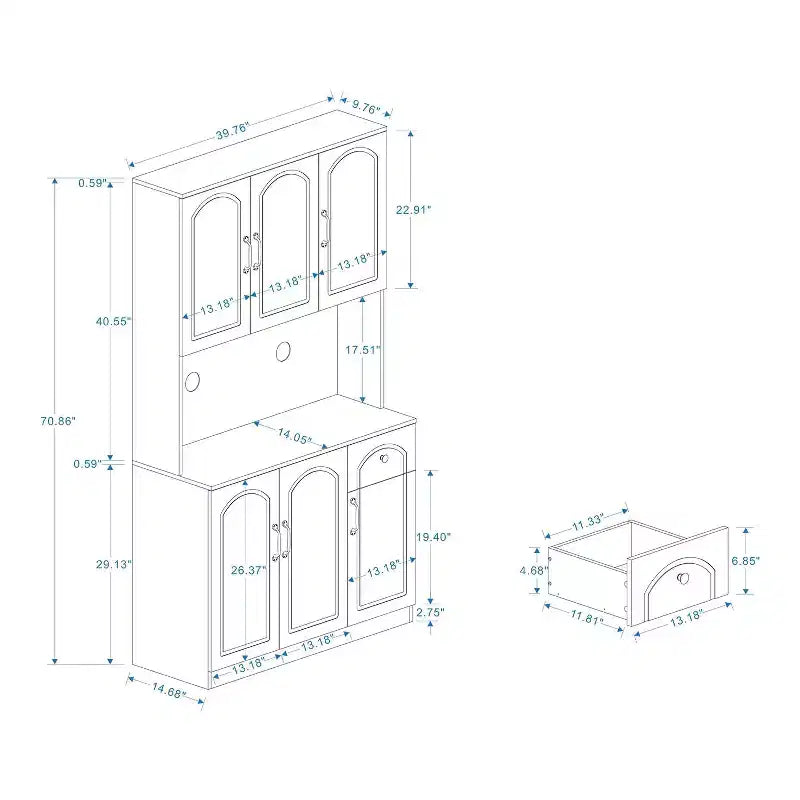MAYEERTY Meuble de cuisine/garde-manger blanc 71, avec comptoir pour micro-ondes, 6 portes et 1 tiroir, étagères réglables