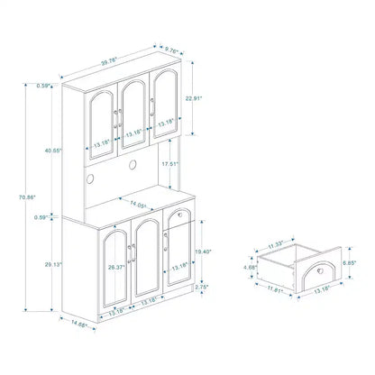 MAYEERTY Meuble de cuisine/garde-manger blanc 71, avec comptoir pour micro-ondes, 6 portes et 1 tiroir, étagères réglables