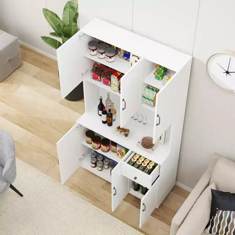 MAYEERTY Meuble de cuisine/garde-manger blanc 71, avec comptoir pour micro-ondes, 6 portes et 1 tiroir, étagères réglables