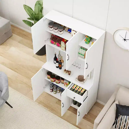 MAYEERTY Meuble de cuisine/garde-manger blanc 71, avec comptoir pour micro-ondes, 6 portes et 1 tiroir, étagères réglables