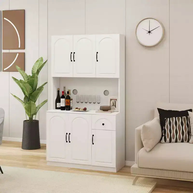 MAYEERTY Meuble de cuisine/garde-manger blanc 71, avec comptoir pour micro-ondes, 6 portes et 1 tiroir, étagères réglables