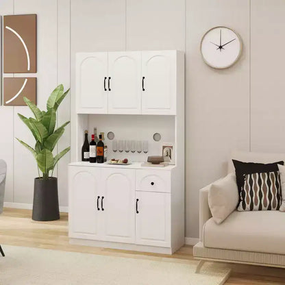 MAYEERTY Meuble de cuisine/garde-manger blanc 71, avec comptoir pour micro-ondes, 6 portes et 1 tiroir, étagères réglables