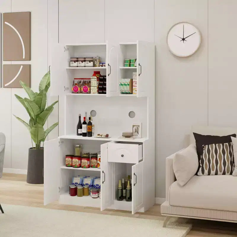 MAYEERTY Meuble de cuisine/garde-manger blanc 71, avec comptoir pour micro-ondes, 6 portes et 1 tiroir, étagères réglables