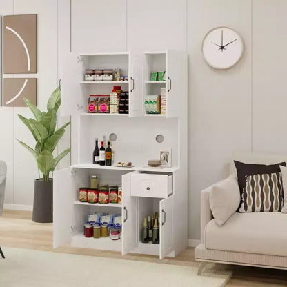 MAYEERTY Meuble de cuisine/garde-manger blanc 71, avec comptoir pour micro-ondes, 6 portes et 1 tiroir, étagères réglables