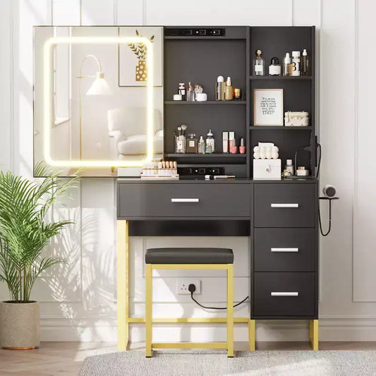 Vanity Desk with Mirror and Lights, Power Outlets, Wood Makeup Vanity Table with Cushioned Chair, Hairdryer Holder, 4 Drawers and 5 Storage Shelves
