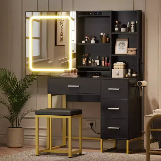 Coiffeuse avec miroir et lumières, prises de courant, table de maquillage en bois avec chaise rembourrée, support pour sèche-cheveux, 4 tiroirs et 5 étagères de rangement