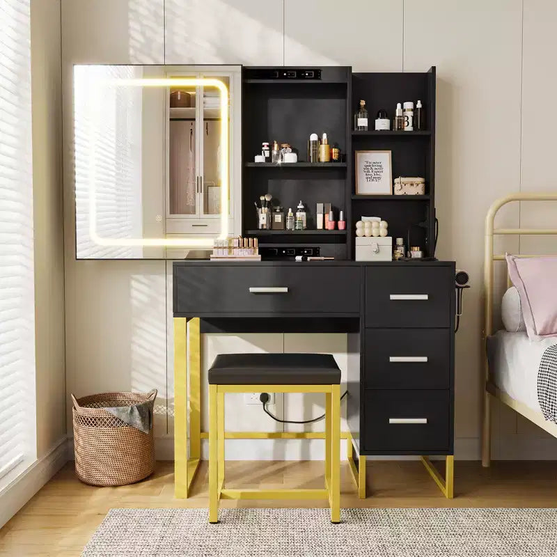Coiffeuse avec miroir et lumières, prises de courant, table de maquillage en bois avec chaise rembourrée, support pour sèche-cheveux, 4 tiroirs et 5 étagères de rangement