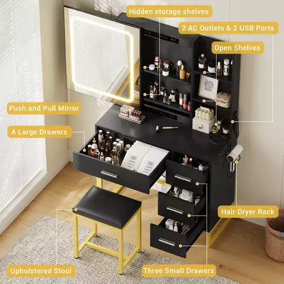 Coiffeuse avec miroir et lumières, prises de courant, table de maquillage en bois avec chaise rembourrée, support pour sèche-cheveux, 4 tiroirs et 5 étagères de rangement