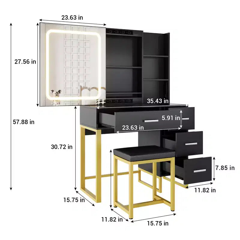 Coiffeuse avec miroir et lumières, prises de courant, table de maquillage en bois avec chaise rembourrée, support pour sèche-cheveux, 4 tiroirs et 5 étagères de rangement