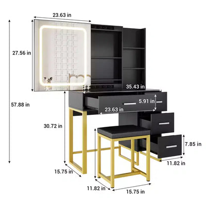 Coiffeuse avec miroir et lumières, prises de courant, table de maquillage en bois avec chaise rembourrée, support pour sèche-cheveux, 4 tiroirs et 5 étagères de rangement