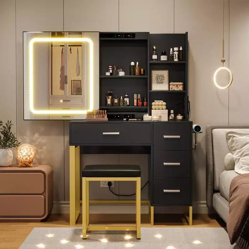 Coiffeuse avec miroir et lumières, prises de courant, table de maquillage en bois avec chaise rembourrée, support pour sèche-cheveux, 4 tiroirs et 5 étagères de rangement