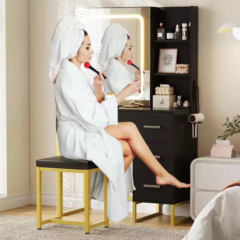 Coiffeuse avec miroir et lumières, prises de courant, table de maquillage en bois avec chaise rembourrée, support pour sèche-cheveux, 4 tiroirs et 5 étagères de rangement