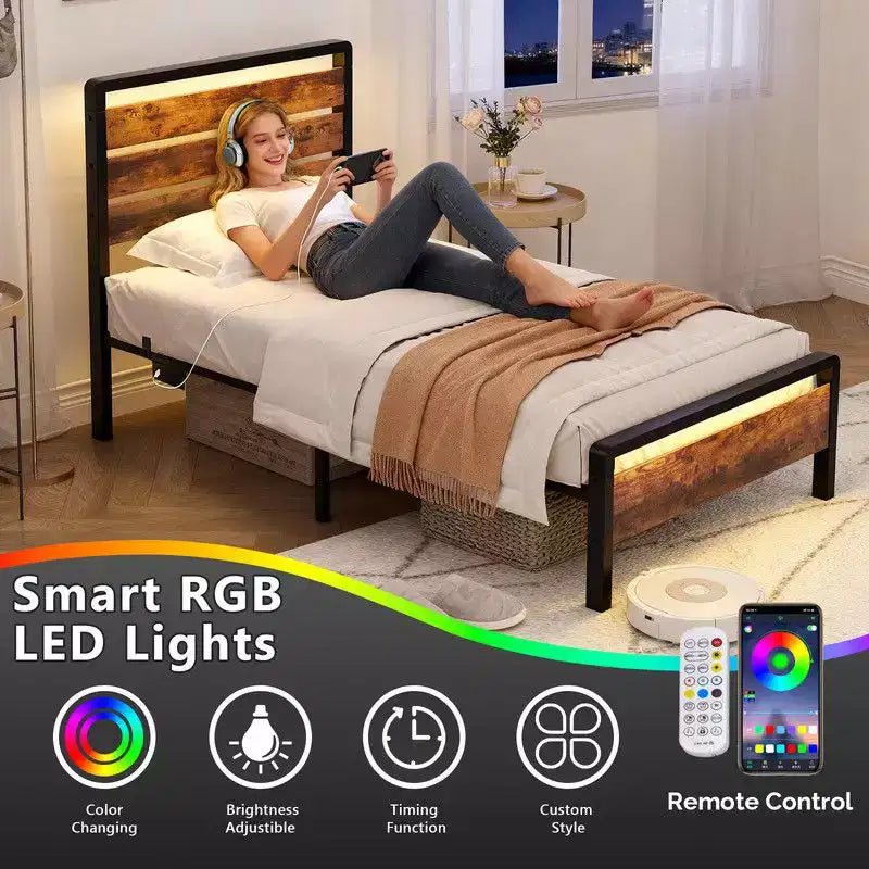 Cadre de lit Karl Home avec éclairage LED et station de recharge, lit plateforme en métal avec tête de lit en bois, sommier tapissier non requis