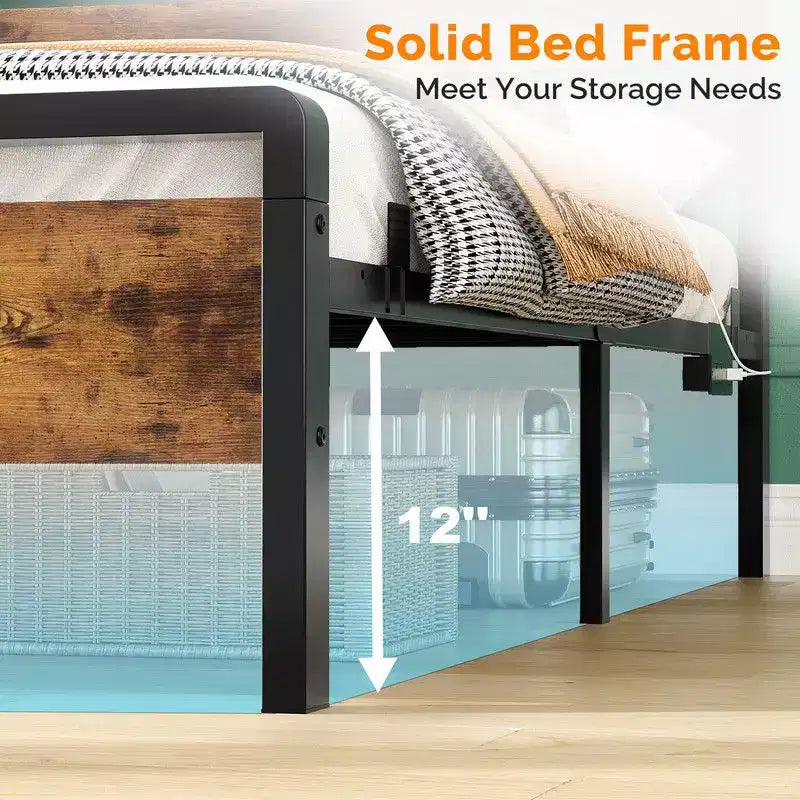 Cadre de lit Karl Home avec éclairage LED et station de recharge, lit plateforme en métal avec tête de lit en bois, sommier tapissier non requis