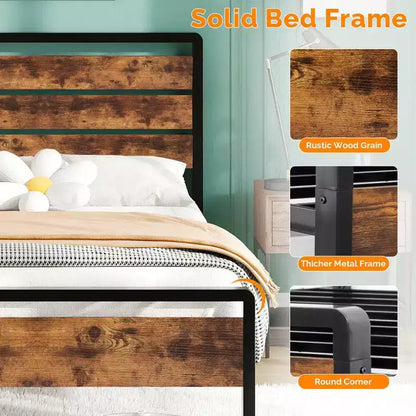 Cadre de lit Karl Home avec éclairage LED et station de recharge, lit plateforme en métal avec tête de lit en bois, sommier tapissier non requis