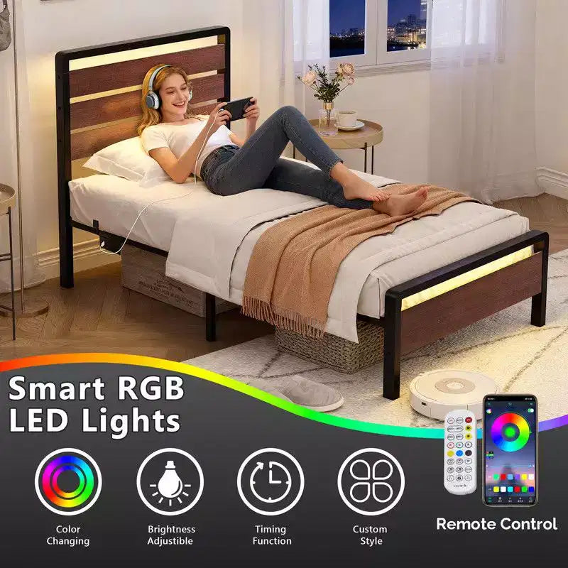 Cadre de lit Karl Home avec éclairage LED et station de recharge, lit plateforme en métal avec tête de lit en bois, sommier tapissier non requis