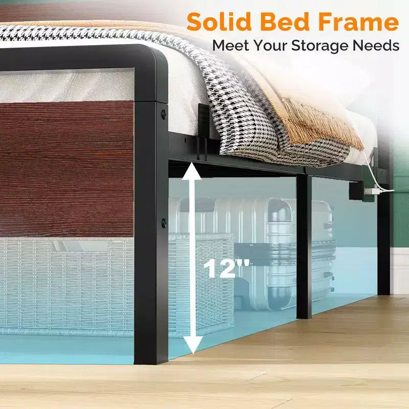 Cadre de lit Karl Home avec éclairage LED et station de recharge, lit plateforme en métal avec tête de lit en bois, sommier tapissier non requis